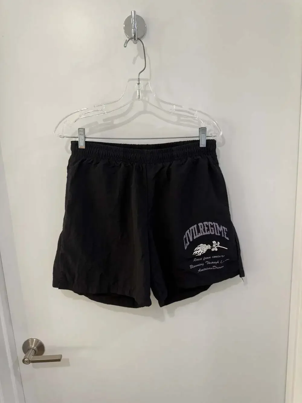 Civil Regime Men's Black Nylon Athletic Graphic Shorts with Rose Print